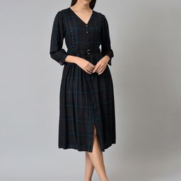W Black Checked A-Line Midi Dress-14