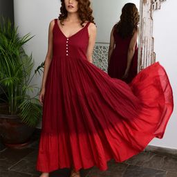 MYAARA Red Cotton Ethnic Maxi Maxi Dress-image-73