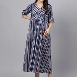 Negen Striped V-Neck Roll-Up Sleeves Pleated Maternity Cotton Fit & Flare Midi Dress-8