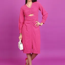 Tokyo Talkies Pink Self Design Cut Out Ruched A-Line Dress-11