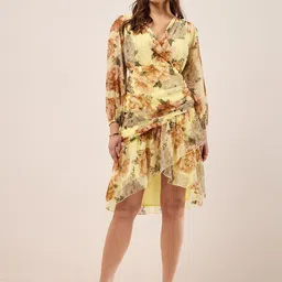 Antheaa Yellow Floral Printed Puff Sleeves Gathered Ruched Chiffon Wrap Dress-picture-14