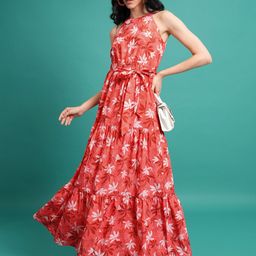 Tokyo Talkies Red Floral Printed Halter Neck Tie Up Maxi Dress-image-85