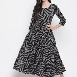 GLAM ROOTS Women Black & White Printed Midi Dress-image-76