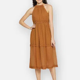 BLANC9 Mustard Yellow Halter Neck Midi Tiered Dress-image-58