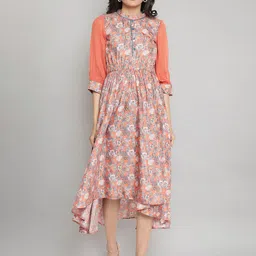 AURELIA Peach-Coloured & Blue Floral Printed Asymmetric Midi Fit & Flare Dress-image-24