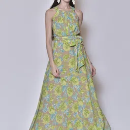 250 DESIGNS Women Green & Beige Floral Printed Georgette Maxi Dress-picture-22
