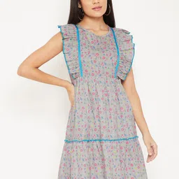 WineRed Grey & Blue Floral printed Pure Cotton A-Line Dress-image-16