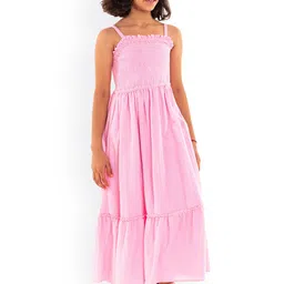 A Little Fable Pink Checked Smocked And Tiered Midi Dress-image-56