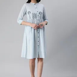 KAMI KUBI Mandarin Collar Striped Empire Dress-image-96