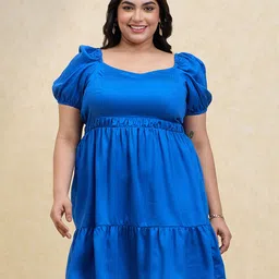 20Dresses Plus Size Blue Puff Sleeve Fit and Flare Short Dress-picture-17