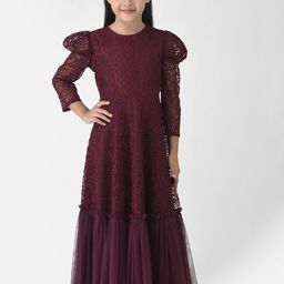 Eavan Girls Burgundy Lace Maxi Dress-image-50