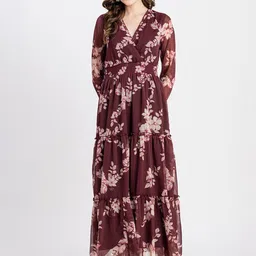 Moomaya Floral Printed V-Neck Smocked Tiered Chiffon Maxi Dress-image-25