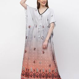 Arrabi Ethnic Motifs Printed V-Neck Satin Maxi Kaftan Nightdress-image-3