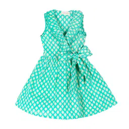 My Little Lambs Girls Sea Green and Yellow Ethnic Motifs Printed Wrap Dress-picture-9