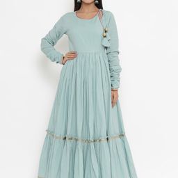 Indian Virasat Sea Green Cotton Ethnic Maxi Dress-image-3