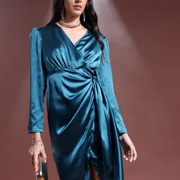 KETCH Gathered Tie-Up Detail Asymmetric Satin Midi Wrap Dress-image-29