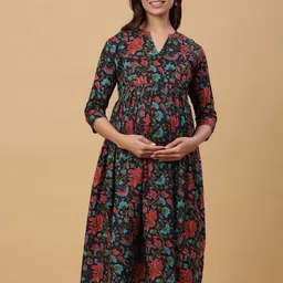 CRAFIQA Floral Printed Maternity Empire Midi Cotton Dress-image-49