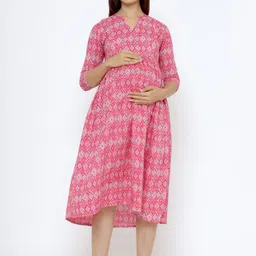 CRAFIQA Geometric Printed Fit & Flare Pure Cotton Maternity Midi Dress-picture-13