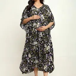 CRAFTBAZAR Floral Print Kimono Sleeves Maternity Kaftan Midi Dress-image-52