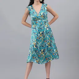 Kotty Floral Printed V-Neck Satin Midi Wrap Dress-image-97