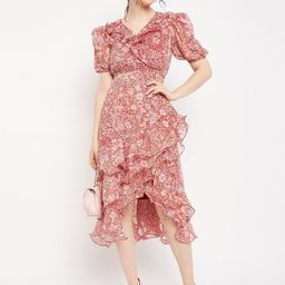 Antheaa V-Neck Floral Printed Layered Tulip Hem Chiffon A-Line Midi Dress-image-76
