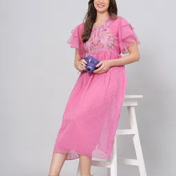 KALINI Embroidered Flared Sleeves Chiffon Empire Midi Dress-image-43