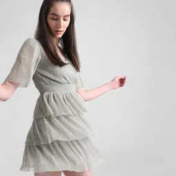 ONLY Smocked V- Neck Flared Sleeves Tiered Mini Sheen Wrap Dress-picture-8