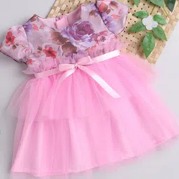 MANY FROCKS & Girls Pink & Purple Floral Printed Net A-Line Dress-image-73