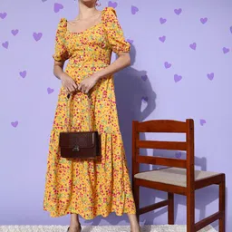 StyleStone Women Bright Yellow Romantic Florals Dress-picture-20
