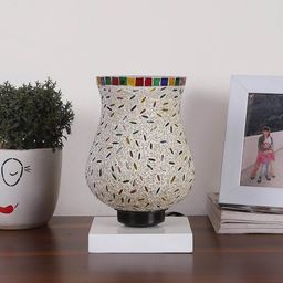 Devansh White & Red Square Shaped Wooden Table Lamp With Mosaic Design Glass Shade-54