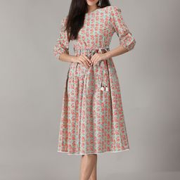 HERE&NOW Printed Cotton Fit and Flared Midi Dress-image-48
