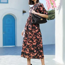 all about you Black & Peach-Coloured Floral Midi Pure Cotton Dress-37