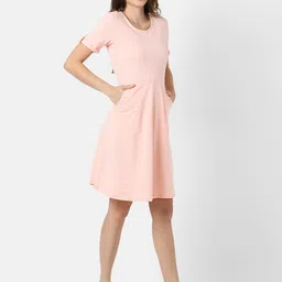 Campus Sutra Peach-Coloured Striped Cotton Dress-image-43