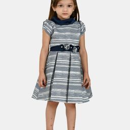 Peppermint Navy Blue & Off White Striped Jacquard Dress-image-44