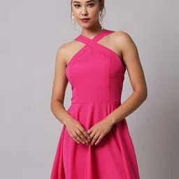 emeros Rose Halter Neck Crepe Fit & Flare Mini Dress-image-3