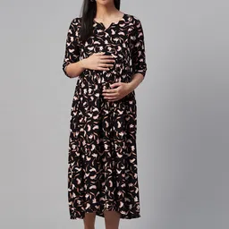 anayna Women Black & Off-White Printed Maternity A-Line Dress-36