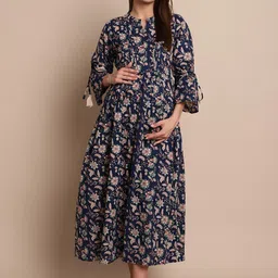 Secret Wish Floral Printed Fit & Flare Pure Cotton Maternity Feeding Midi Dress-picture-33