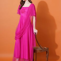U&F Magenta Square Neck Flared Sleeves Embroidered Net Maxi Fit & Flare Dress-picture-11