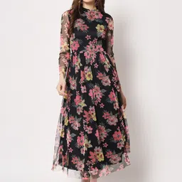 HERE&NOW Floral Printed Net Fit And Flare Dress-image-2