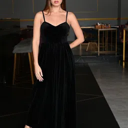 ODETTE Velvet Solid Strapped Dress For Women-image-10