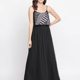 aaliya Black Embroidered Layered Net Maxi Dress-picture-9