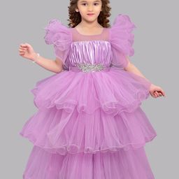 Pink Chick Girls Flutter Sleeve Layered Net Maxi Dress-image-5