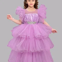 Pink Chick Girls Flutter Sleeves Layered Net Gown Maxi Dress-image-73