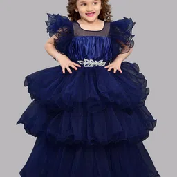 Pink Chick Girls Flutter Sleeves Layered Net Gown Maxi Dress-image-85
