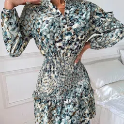 Stylecast X Slyck Animal Print Smocked Mandarin Collar Cuffed Sleeves A-Line Dress-picture-6