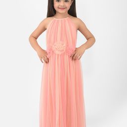 Eavan Peach-Coloured Colourblocked Halter Neck Net Maxi Dress-image-27