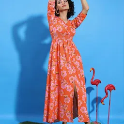 KETCH Floral Printed V-Neck Smocked Maxi Fit & Flare Dress-image-96