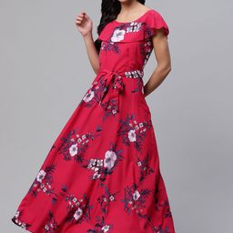 Deewa Women Fuchsia Pink & White Floral Print Maxi Dress-3