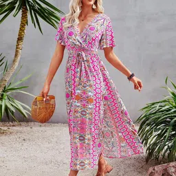 Kotty Floral Printed V-Neck Wrap Maxi Dress-picture-35
