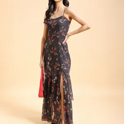 Tokyo Talkies Black & Red Floral Printed Shoulder Straps Layered Maxi Dress-picture-8